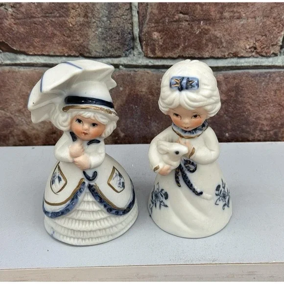Vintage Jasco Bells Girls Women Set of 2 White Blue Porcelain Royal Majestic - Picture 2 of 7